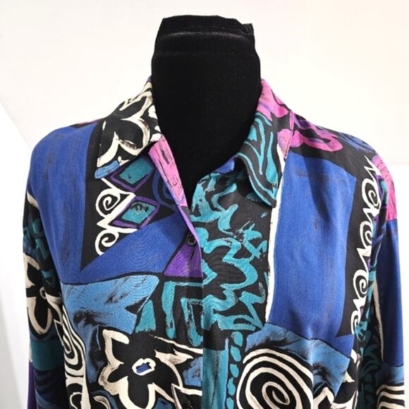 Vintage Jeri Marque Floral Button Front 80s Tunic Top Size 14 Wearable Art - Picture 5 of 11